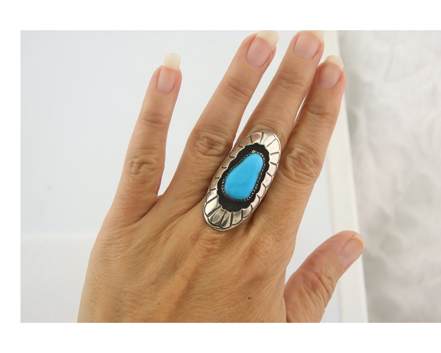 Vintage Ring 925 Sterling Authentic Turquoise Artist Signed Size 7.75