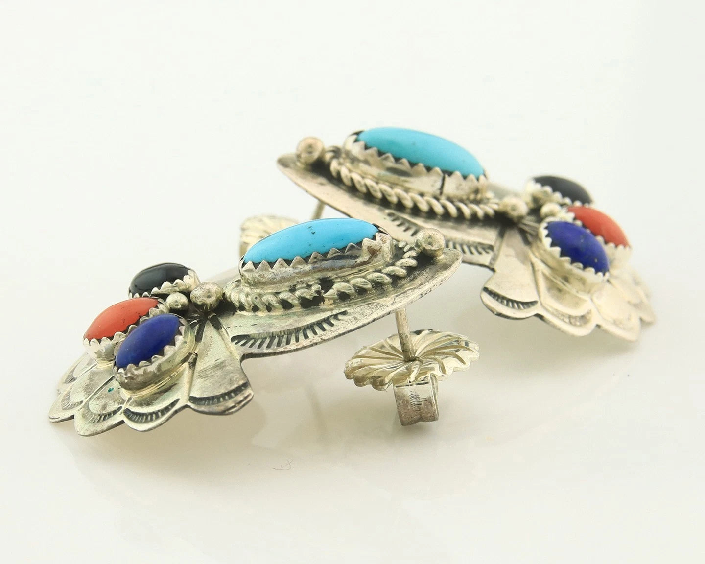 Navajo Dangle Earrings Sterling Silver Natural Gemstones Vintage Handmade