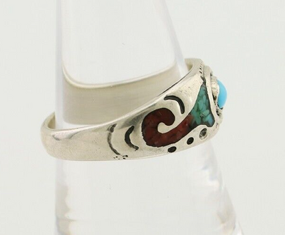 Navajo Ring 925 Silver Turquoise & Coral Natural American Artist C.80's