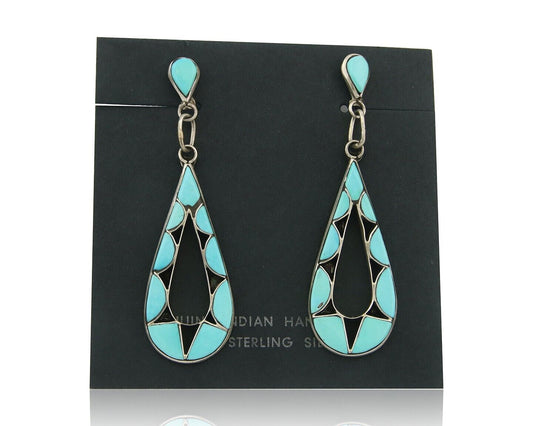 Zuni Dangle Earrings 925 Silver Natural Turquoise Artist Signed EJP C.80's