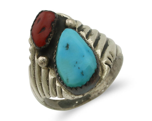 Navajo Ring 925 Silver Sleeping Beauty Turquoise & Coral Native Artist C.80s