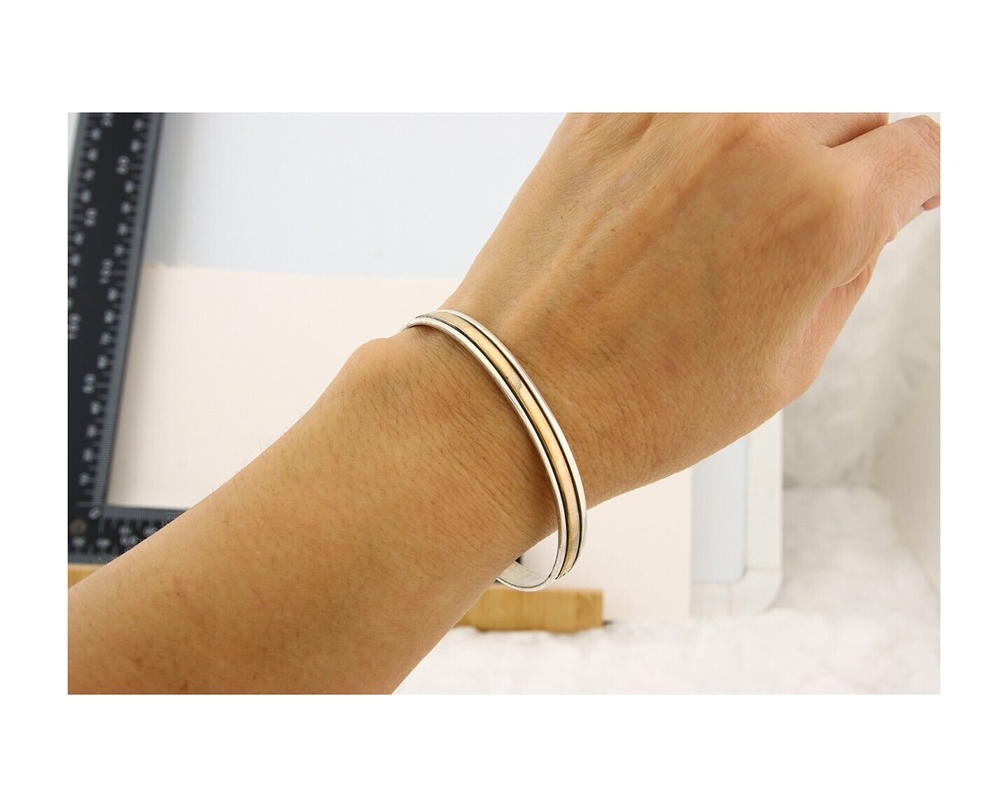 Navajo Bracelet 925 Silver & 12k Yellow Gold Plated Cuff Signed E C.80's