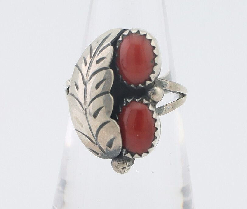 Navajo Handmade Ring 925 Silver Natural Mediterranean Coral Signed 88 C.80's