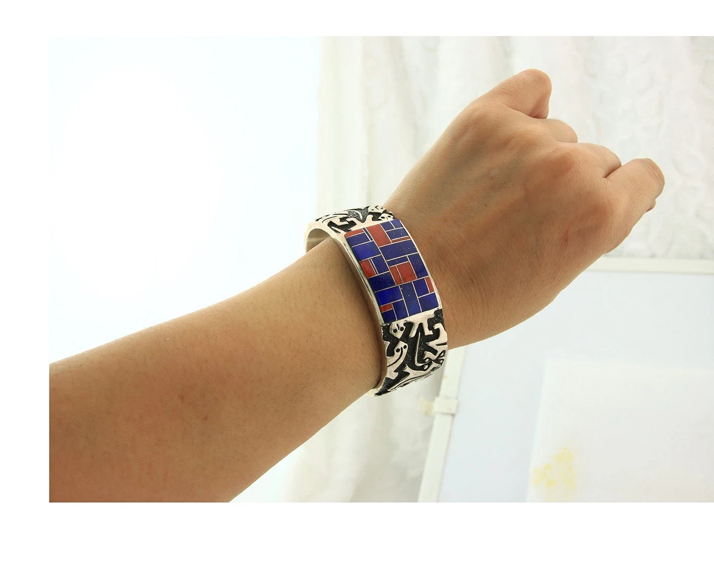 Navajo Cuff Bracelet Sterling Silver Natural Gemstone Signed Wilbert Muskett