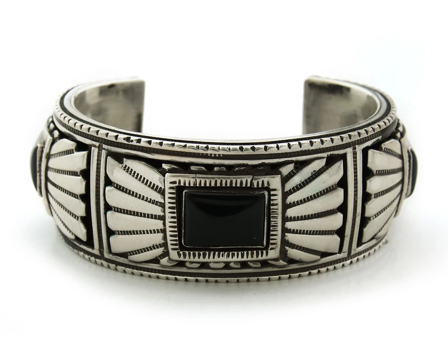 Navajo Cuff Bracelet Sterling Silver Black Onyx Vintage Signed Alvin Yazzie