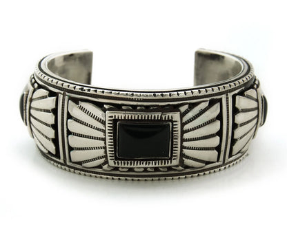 Navajo Cuff Bracelet Sterling Silver Black Onyx Vintage Signed Alvin Yazzie