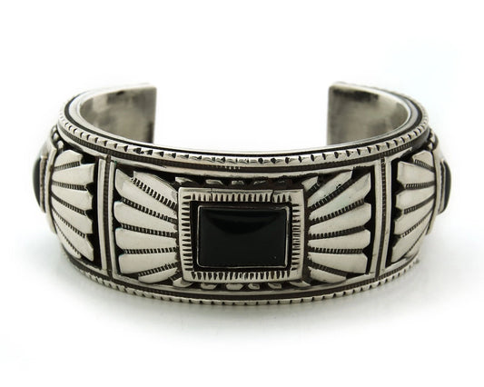 Navajo Cuff Bracelet Sterling Silver Black Onyx Vintage Signed Alvin Yazzie