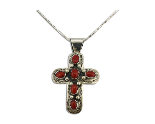 Navajo Cross Pendant 925 Silver Natural Coral Artist Signed Marcella James C80s