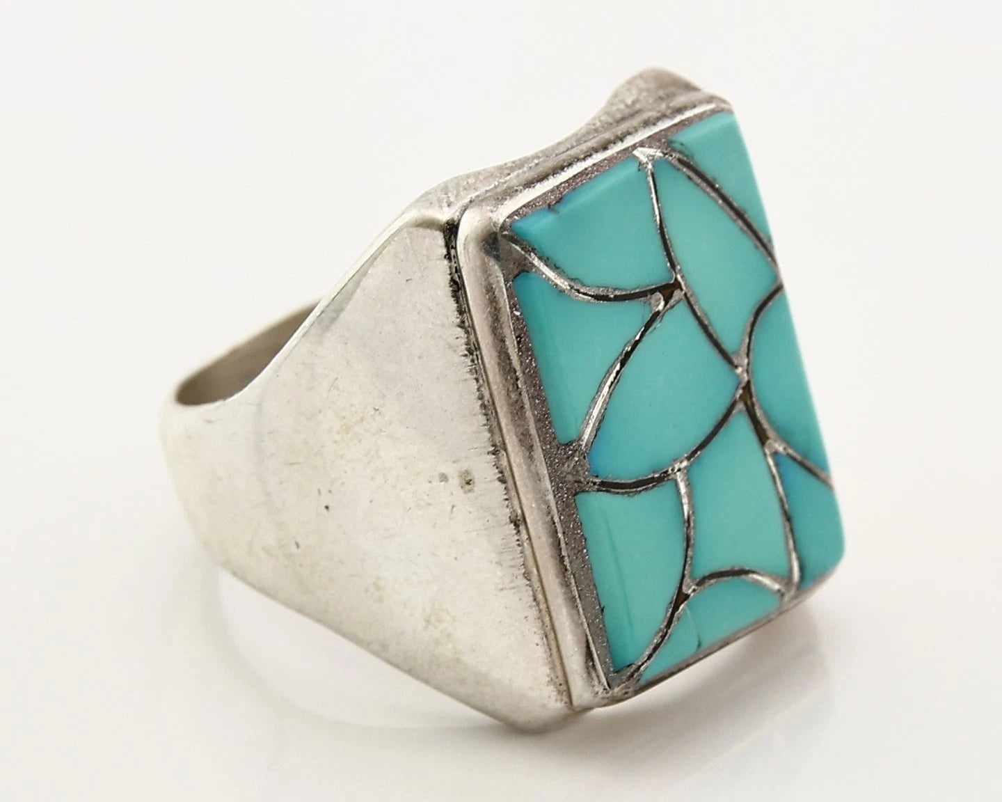 Men Zuni Ring Sterling Silver Natural Turquoise Vintage Signed ELB Size 12