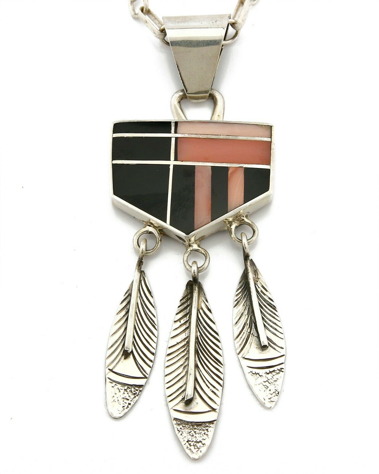 Navajo Inlaid Black Jet & Pink Angel Skin Coral .925 Silver Necklace