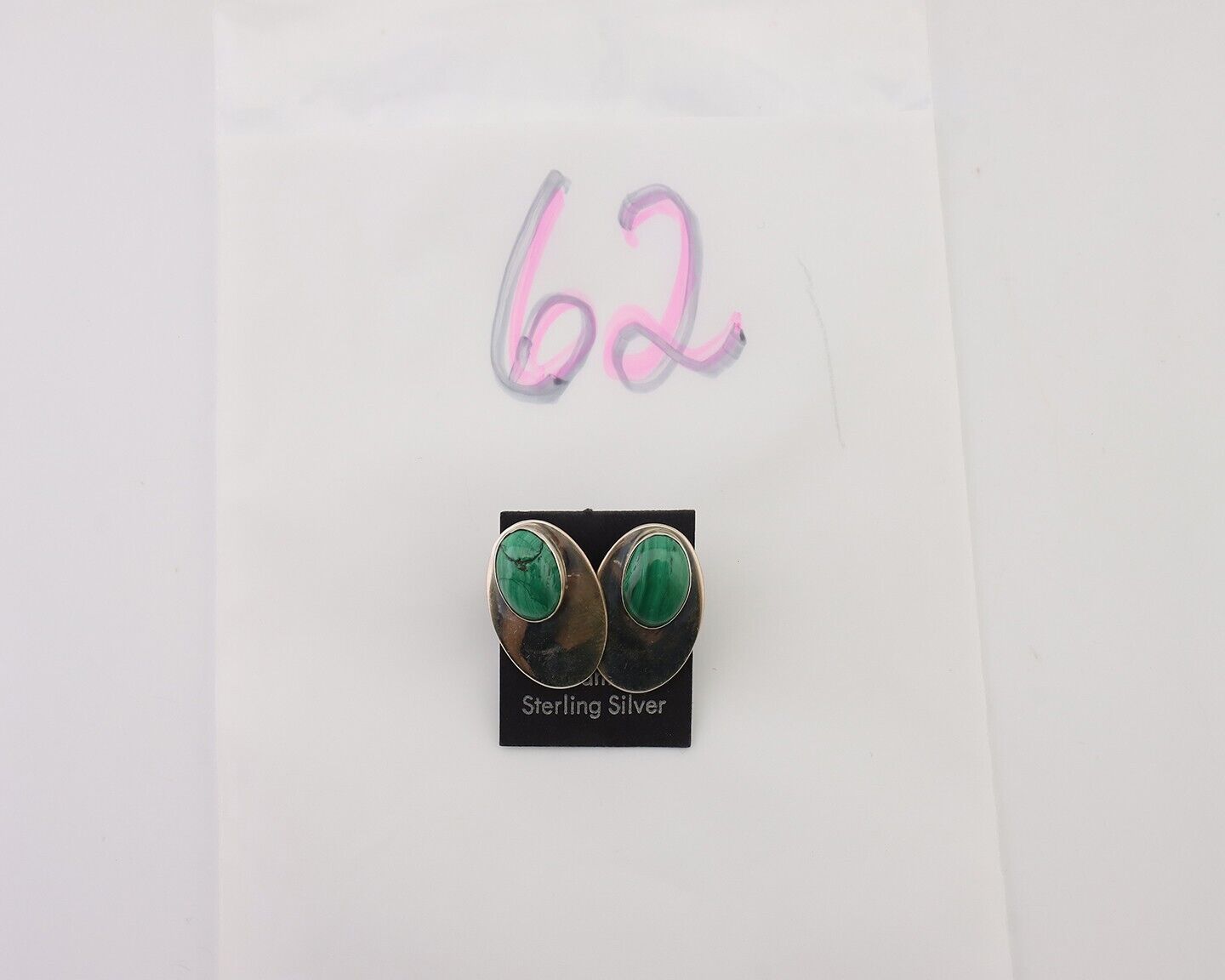 Navajo Shield Earrings 925 Silver Natural Malachite Signed Ella Peters C.80's