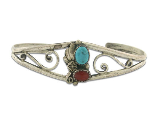 Vintage Navajo Bracelet 925 Silver Red Coral Turquoise Signed S