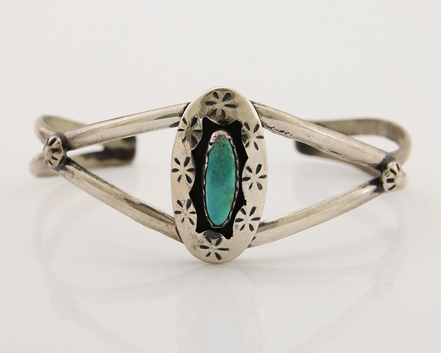 Navajo Hand Stamped Cuff Bracelet Turquoise 925 Silver Artist Signed IJC C.80's