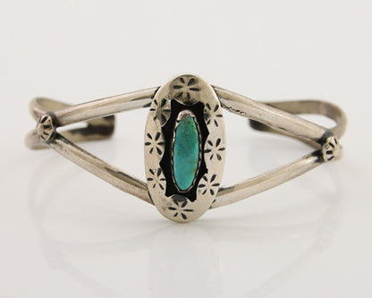Navajo Hand Stamped Cuff Bracelet Turquoise 925 Silver Artist Signed IJC C.80's