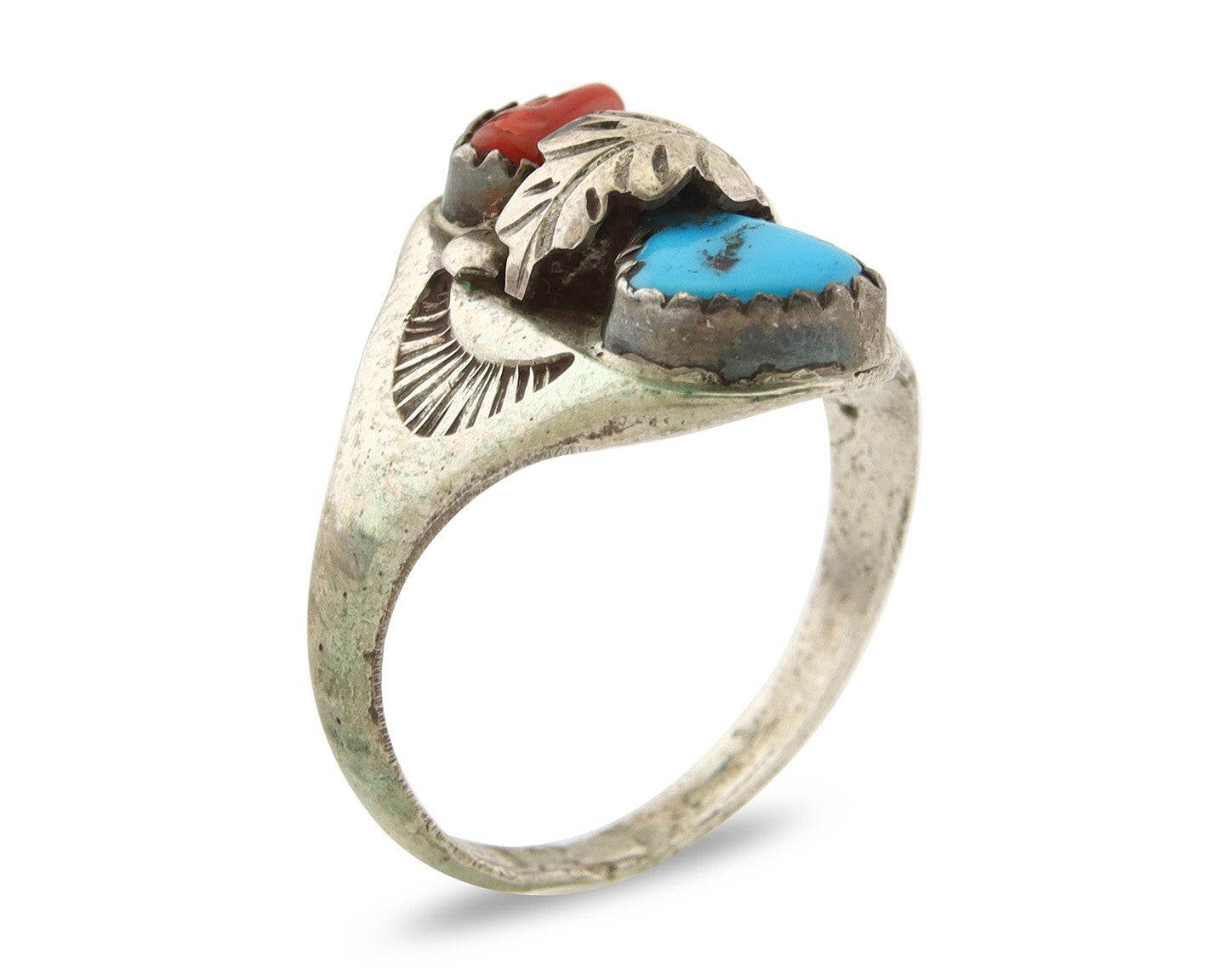 Navajo Ring 925 Sterling Turquoise & Coral Native Artist C.80's Size 10