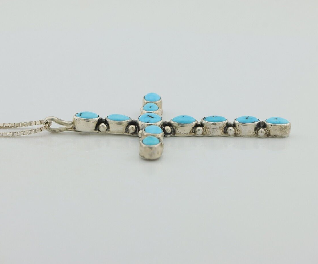 Navajo Cross Necklace 925 Silver Blue Turquoise Artist Signed M Montoya C.80's