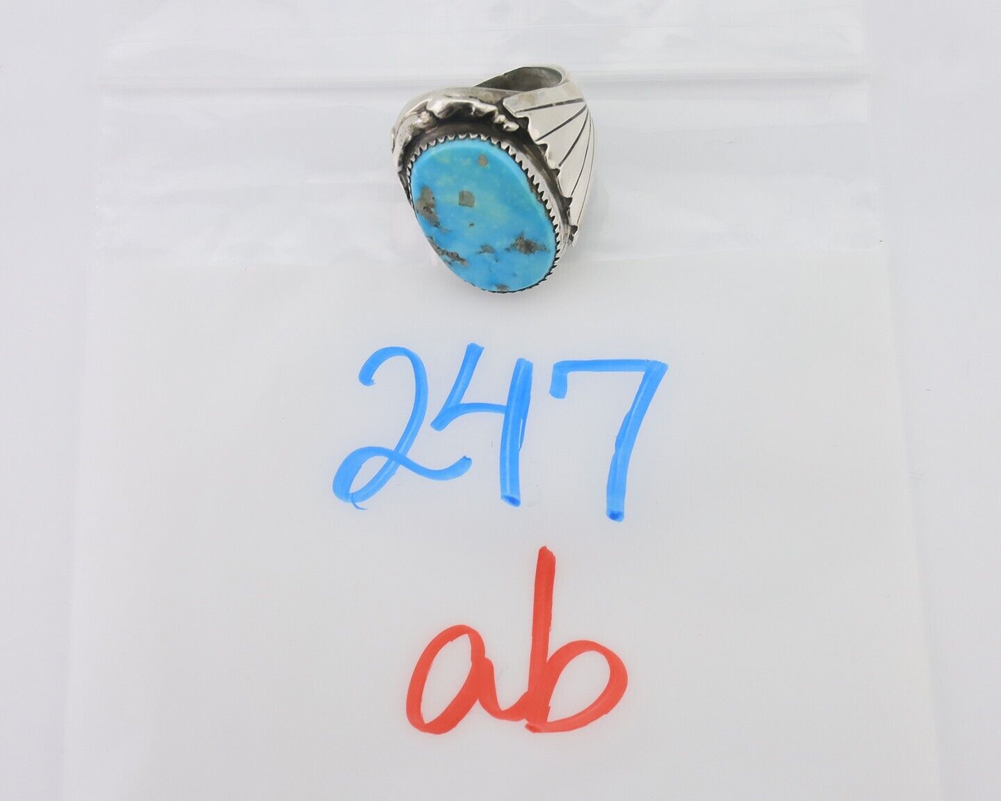 Mens Navajo Ring .925 Silver Natural Blue Turquoise Artist Signed CJ C.80's