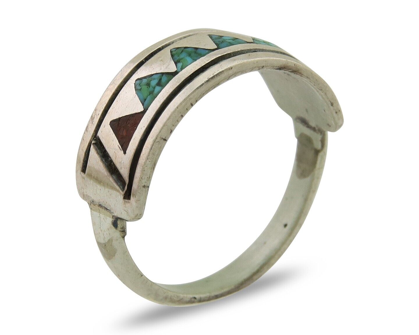 Navajo Handmade Ring 925 Silver Coral & Turquoise Signed SC C.80's