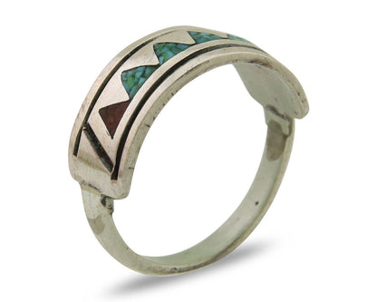 Navajo Handmade Ring 925 Silver Coral & Turquoise Signed SC C.80's