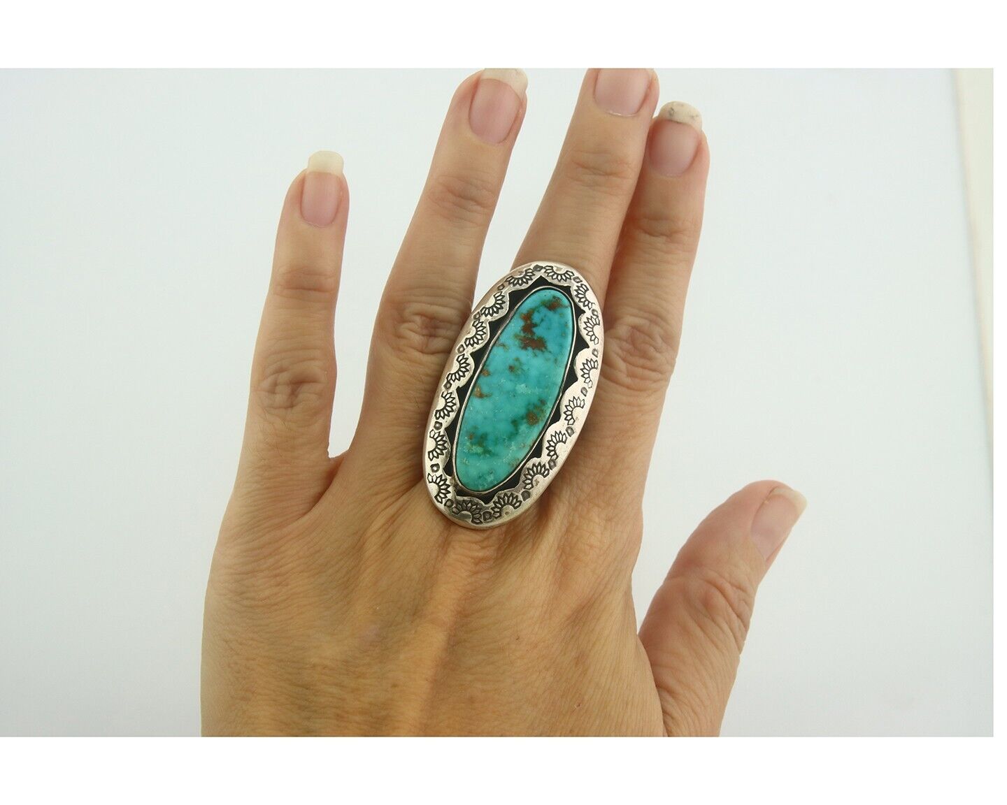 Navajo Ring 925 Sterling Turquoise Handmade Signed M Cat C.80's Size 9.5