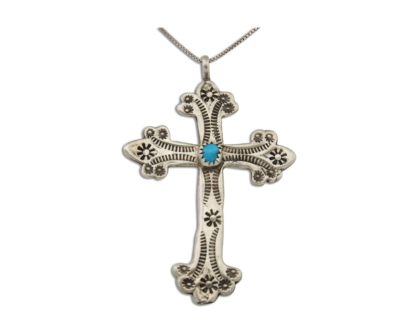 Navajo Cross Hand Stamped Necklace 925 Silver Turquoise Native Artist C.80's