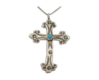 Navajo Cross Hand Stamped Necklace 925 Silver Turquoise Native Artist C.80's