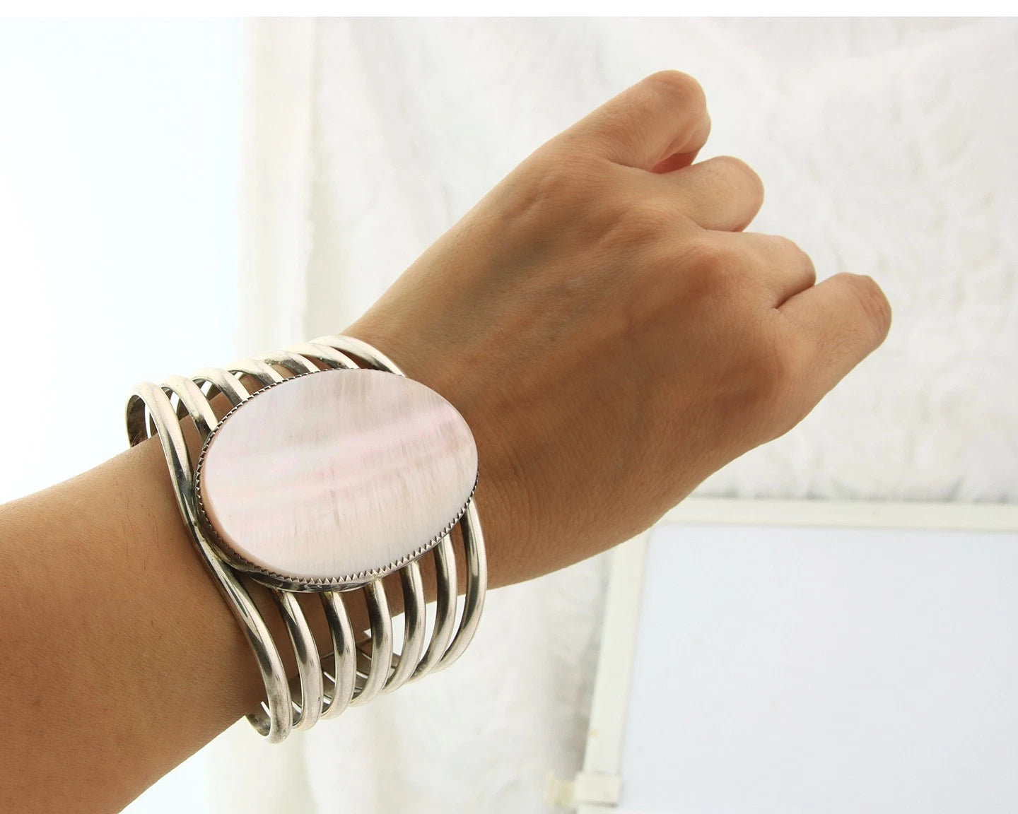 Navajo Cuff Bracelet Sterling Silver Authentic Pink Muscle Artist Signed TSO