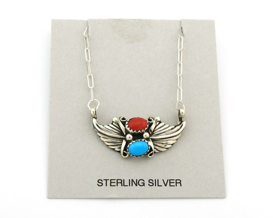 Navajo Necklace Sterling Silver Turquoise Coral Authentic Vintage SN