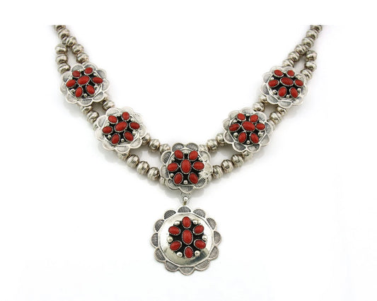 Navajo Necklace 925 Sterling Silver Coral Vintage Hand Stamped Native Artist