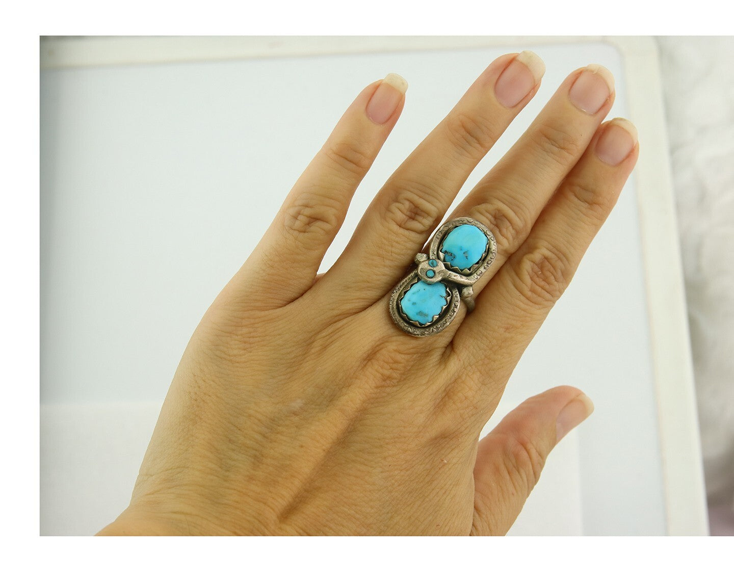 Vintage Zuni Ring 925 Sterling Silver Turquoise Signed Effie C Size 6.5
