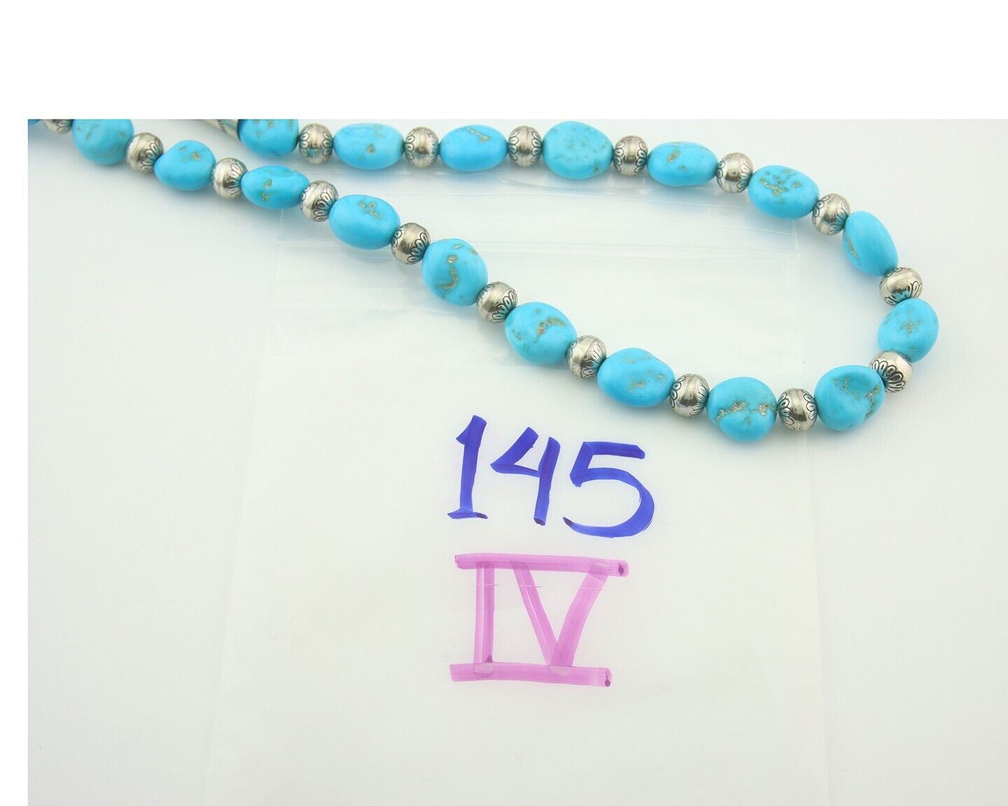 Vintage Navajo Bead Necklace 925 Silver Turquoise Hand Stamped Native Artist