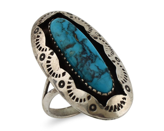 Navajo Ring 925 Silver Blue Spiderweb Turquoise Native American Artist C.80's