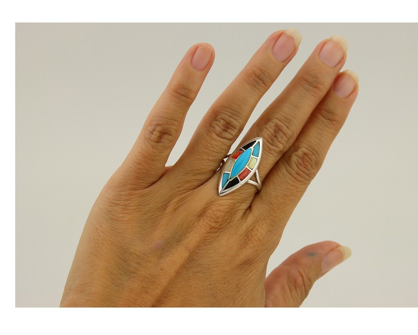 Navajo Ring 925 Silver Turquoise Shell Onyx Spiney Oyster Native Artist C80's