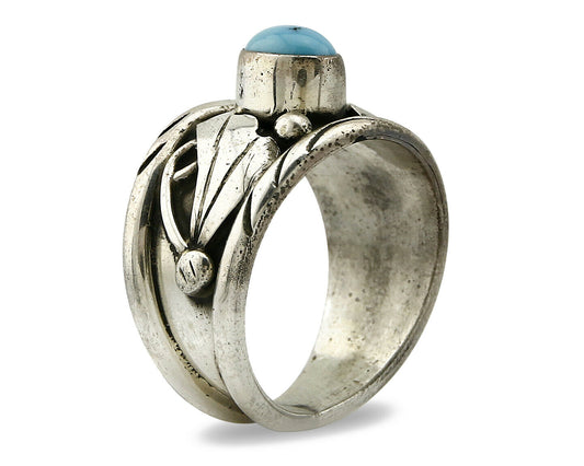 Navajo Ring .925 Silver Handmade Sleeping Beauty Turquoise Signed ELA C.80's