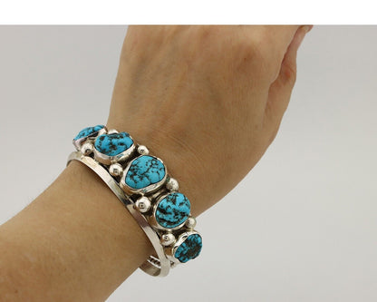 Navajo Bracelet 925 Silver Nugget Sleeping Beauty Turquoise Artist Signed JR C80