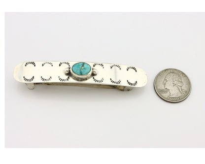 Women Navajo Hair Clip Barrette 925 Silver Blue Gem Turquoise Artist C.80's