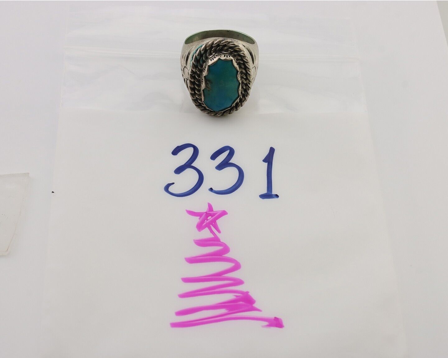 Mens Navajo Ring 925 Silver Turquoise Artist Signed Tipi & Crossed Arrows C.80's