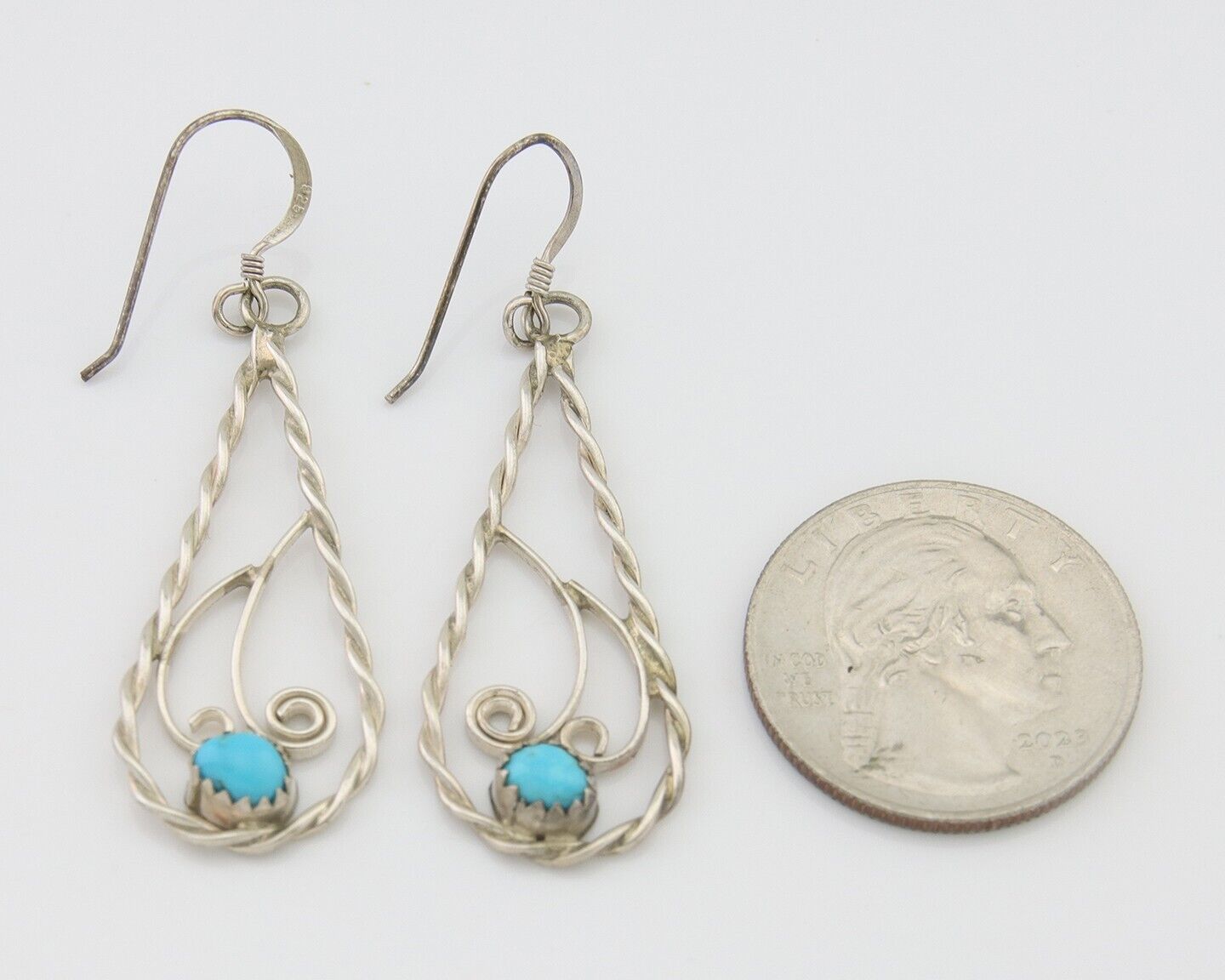 Navajo Dangle Earrings 925 Silver Natural Turquoise Artist Signed JB C.80's