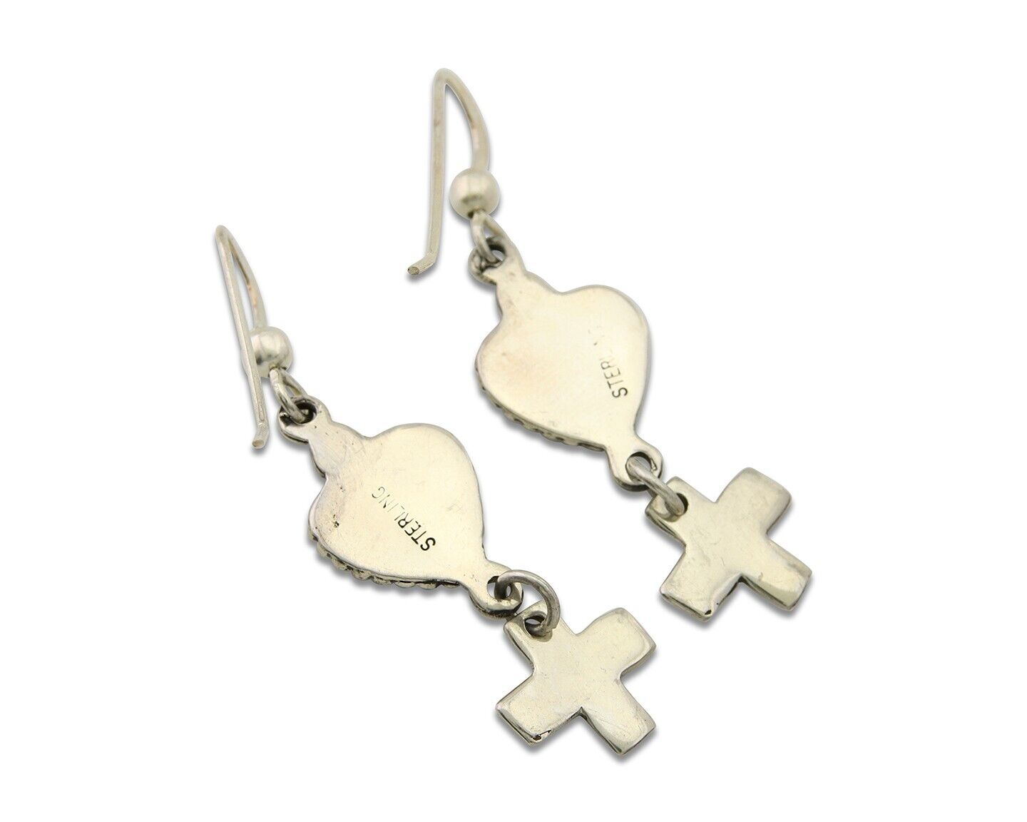 Navajo Earrings 925 Silver Heart Cross Natural Turquoise Native Artist C.80's