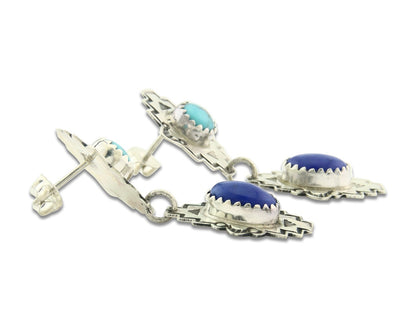 Navajo Earrings Sterling Silver Lapis & Truquoise Vintage Signed Mary Ellen