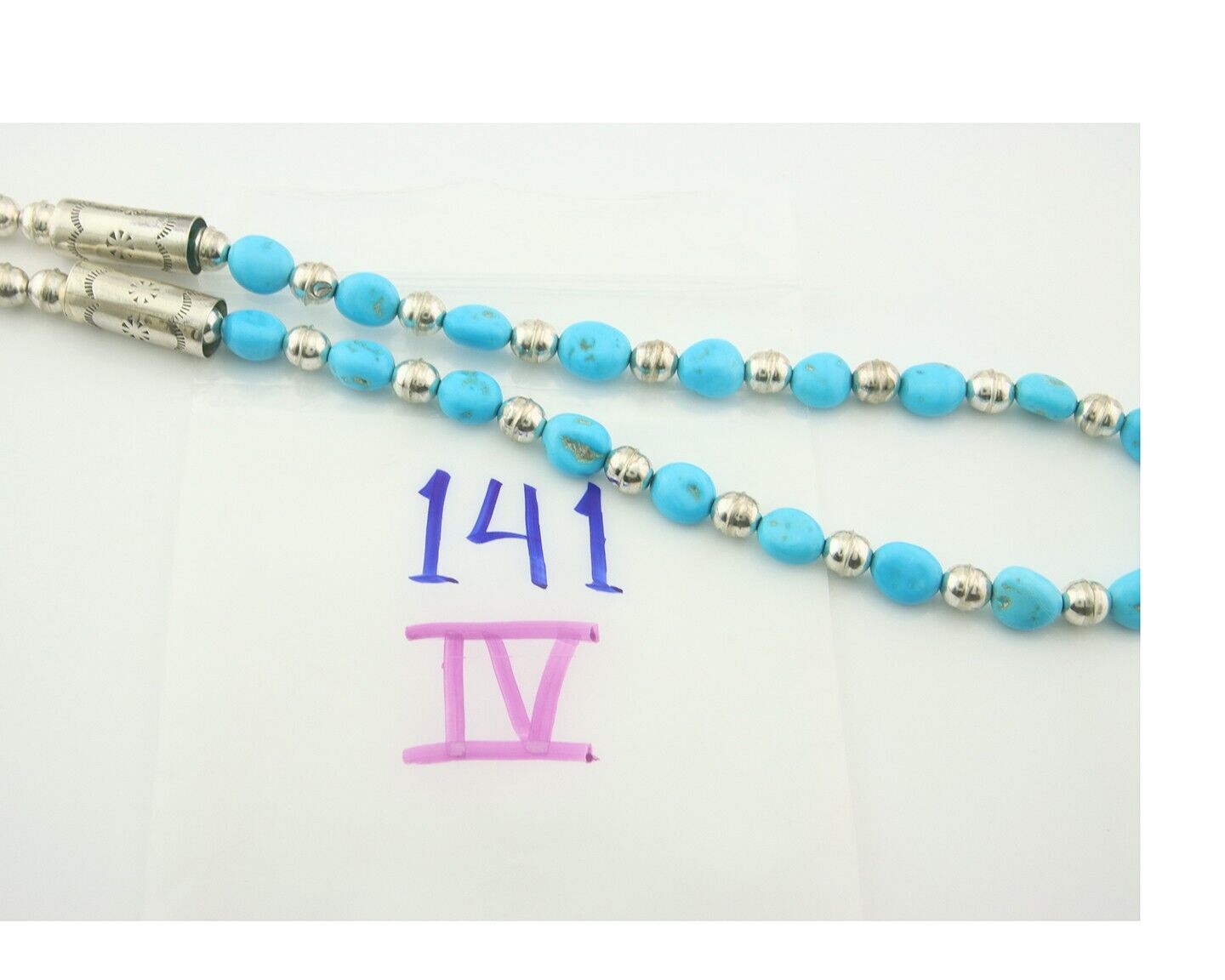 Vintage Navajo Bead Necklace 925 Silver Blue Gem Turquoise Hand Stamped