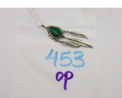 Large Navajo Pendant 925 Silver Natural Malachite Native American Artist C.80's
