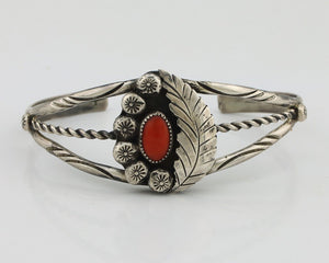 Navajo Handmade Bracelet 925 Silver Natural Red Coral Native American Artist C80