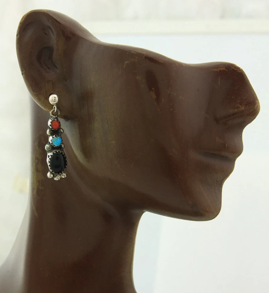 Navajo Dangle Earrings Sterling Silver Natural Gemstones Vintage Handmade