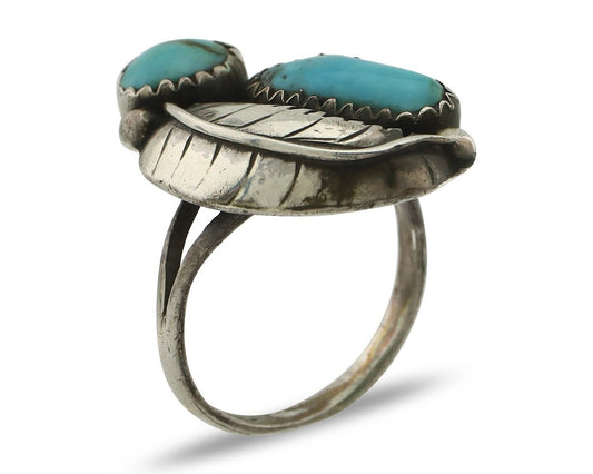 Navajo 2 Stone Ring 925 Silver Kingman Turquoise Native American Artist C.80's