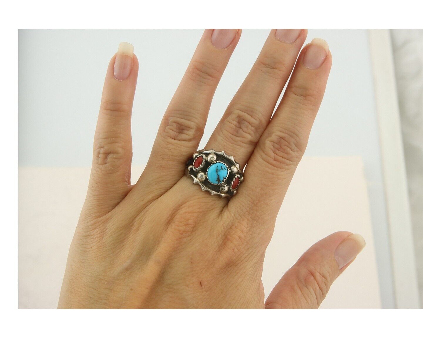 Men Navajo Ring 925 Sterling Natural Coral & Turquoise Signed C C.80's Size 8.0