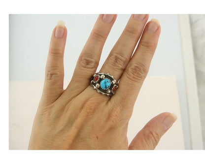Men Navajo Ring 925 Sterling Natural Coral & Turquoise Signed C C.80's Size 8.0