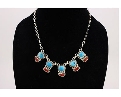 Navajo Necklace 925 Silver Natural Blue Turquoise & Coral Native American C80s