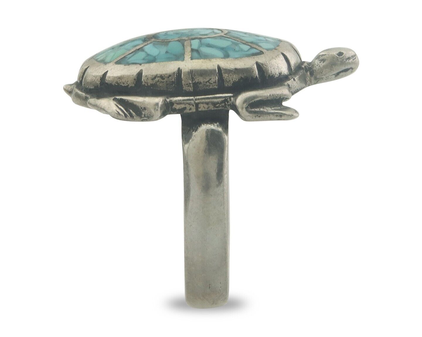 Navajo Ring 925 Silver Inlaid Turtle Turquoise C.80's Size 8.0