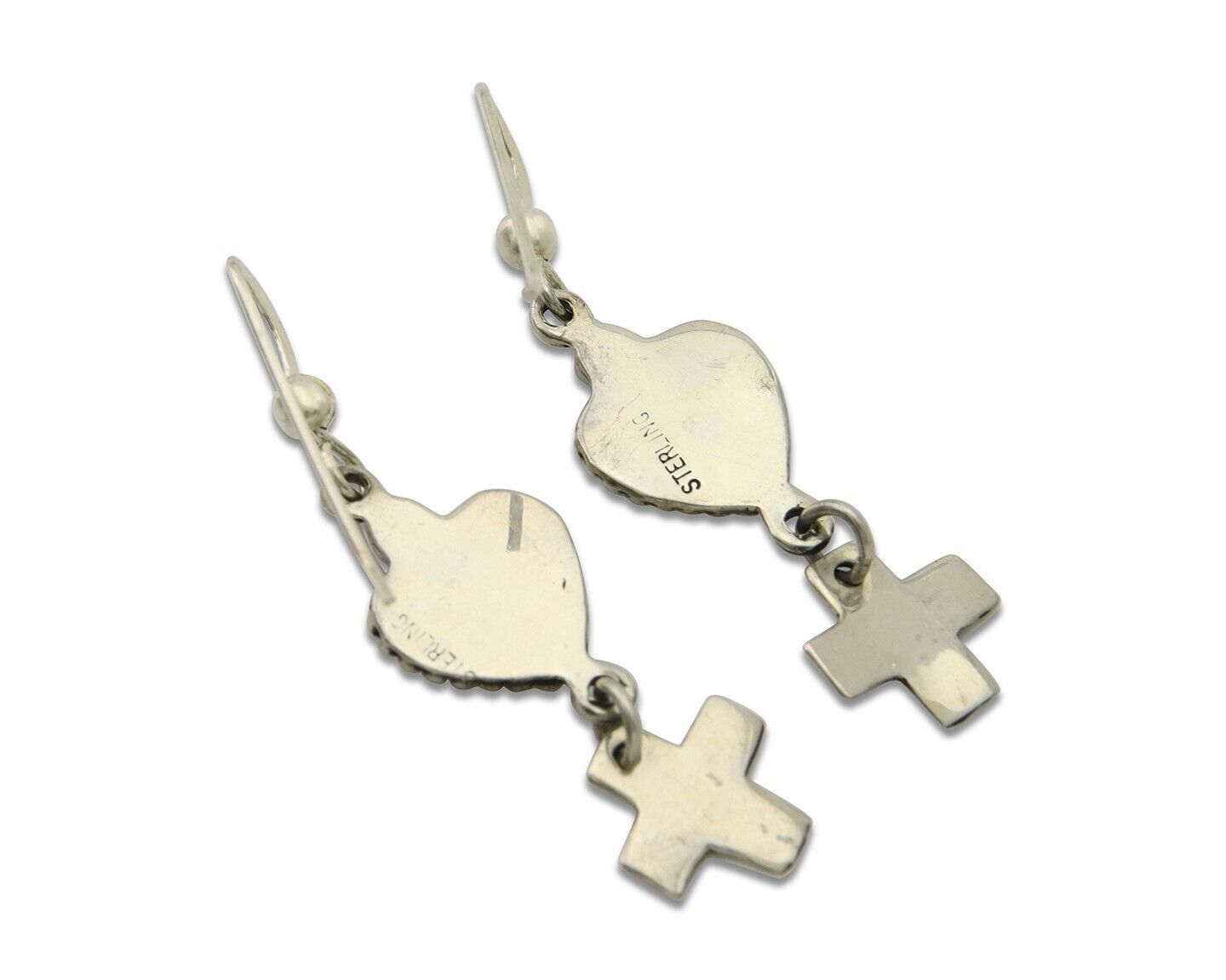 Navajo Earrings 925 Silver Heart Cross Natural Onyx Native American Artist C.80s